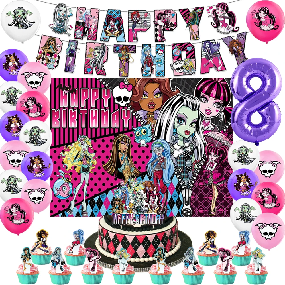 Monster High Birthday Party Decoration Latex Balloons Banner Cake Topper Monster High Tableware Party Supplies Baby Shower Girl