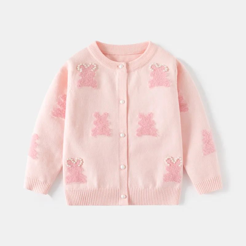 Children's Clothing Girls' Imitation Mink Beaded Rabbit Knitted Cardigan Jacket Baby Chest Sweater Girls TOP
