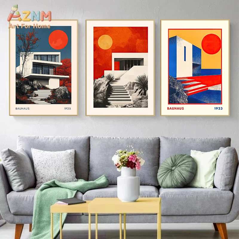 AZNM Bauhaus Architecture Canvas Wall Art Geometric Modern Building Abstract Vintage Poster Home Unframed Decor Print