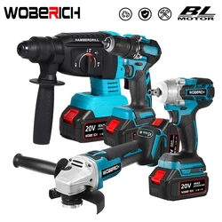 Brushless Combo Kit Power Tool Sets Electric Drill+Impact Wrench+Angle Grinder+ Electric Hammer Drill With 2xBattery For Makita