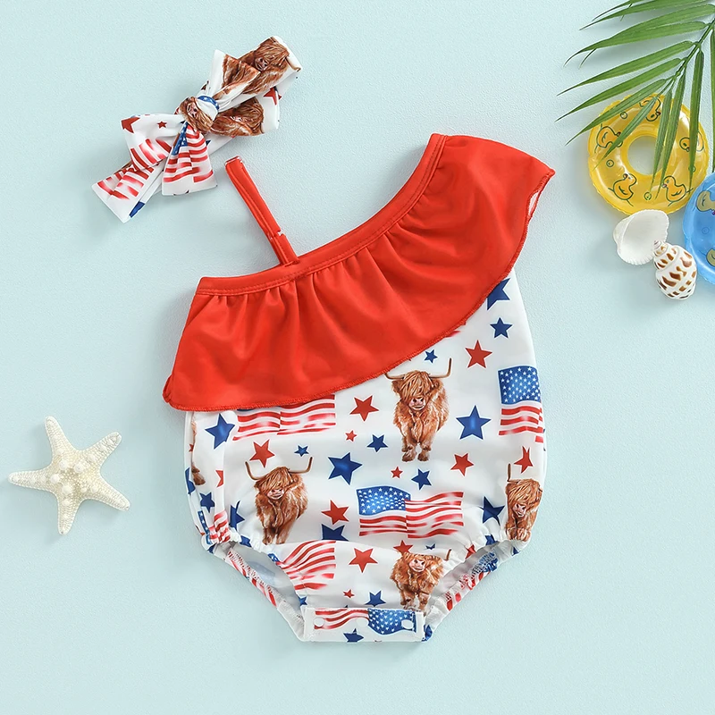 

American Flag Print Swimsuit with Ruffle Detail and Matching Headband for Girls Summer Beachwear Bathing Suit