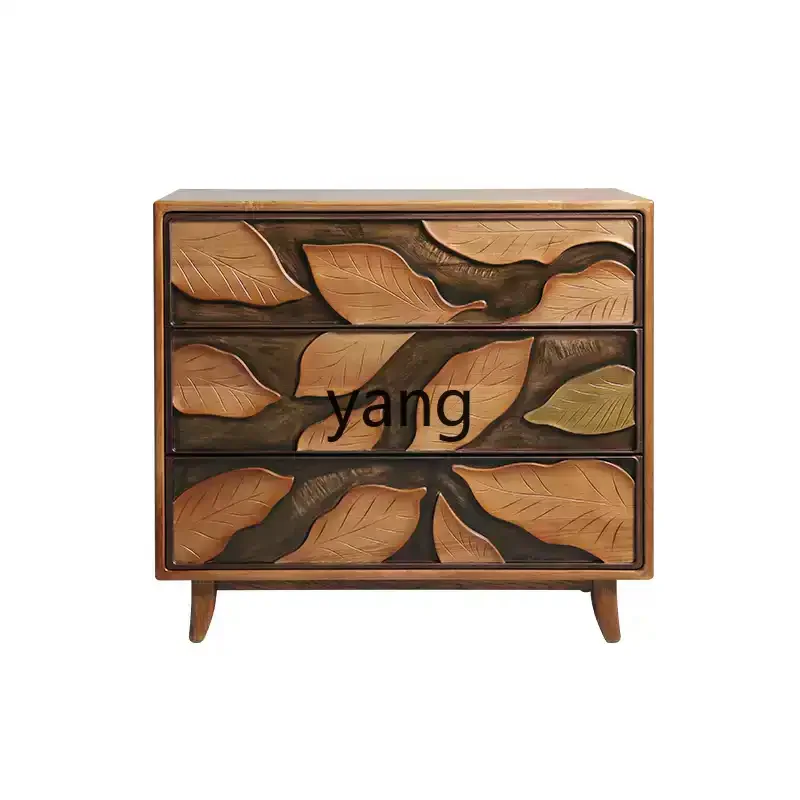 LH log style retro art chest three drawers bedside ash wood relief maple leaf locker