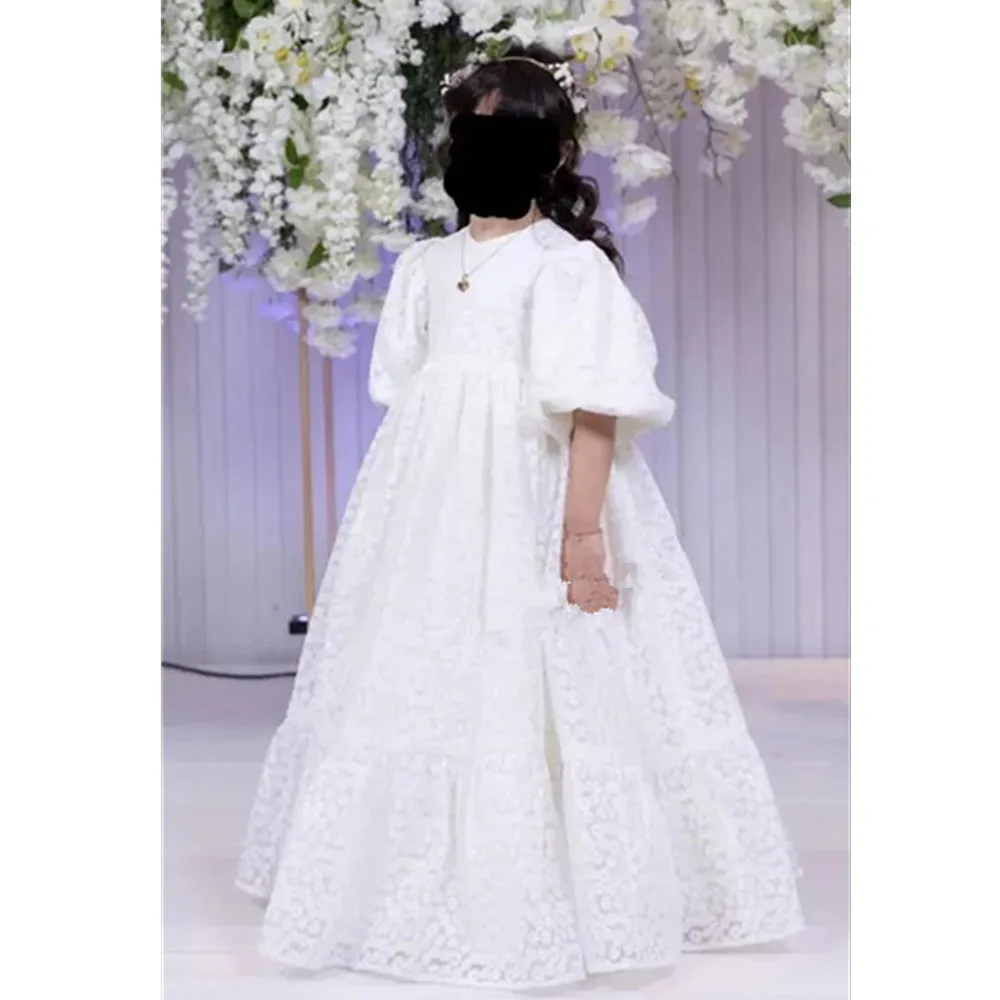 

Three Quarter White Lace Flower Girl Dress For Wedding Puffy Balloon Sleeve Pricness Pageant Birthday O-Neck Girl Dresses