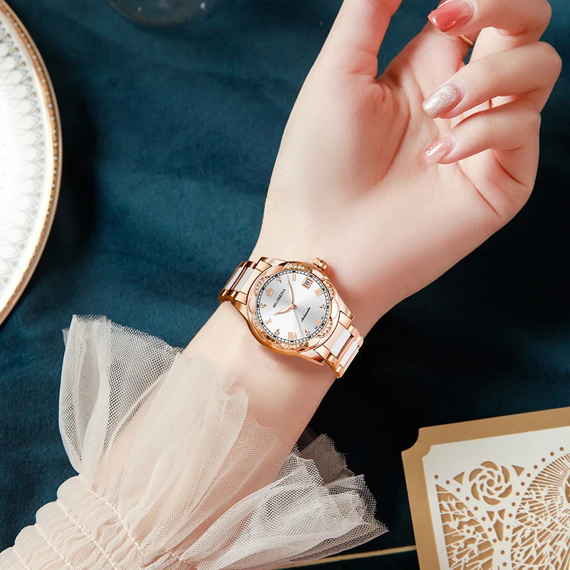 Montre de luxe pour femmes bracelet en céramique montre-bracelet mécanique étanche calendrier dames robe mode montre automatique Reloj Mujer
