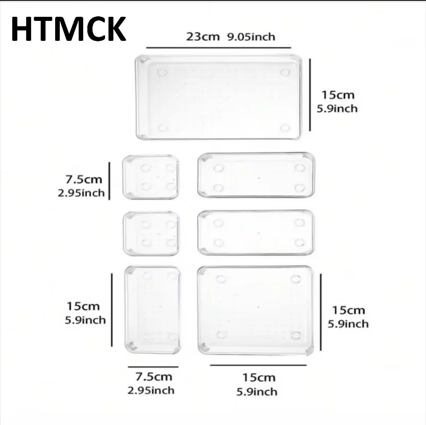 HTMCK 7pc Desk Drawer Organizers Set Plastic Bathroom Storage Makeup Organizer Clear Transparent Storage Box Drawer Organizer