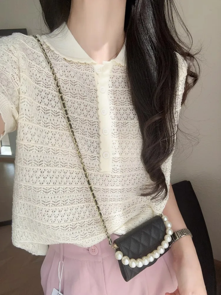 

Summer New Women Beige Office Lady Short Sleeved Pullover T Shirt Clothing Korean Ladies Slim Holiday Hollow Out Knit Tops 2025