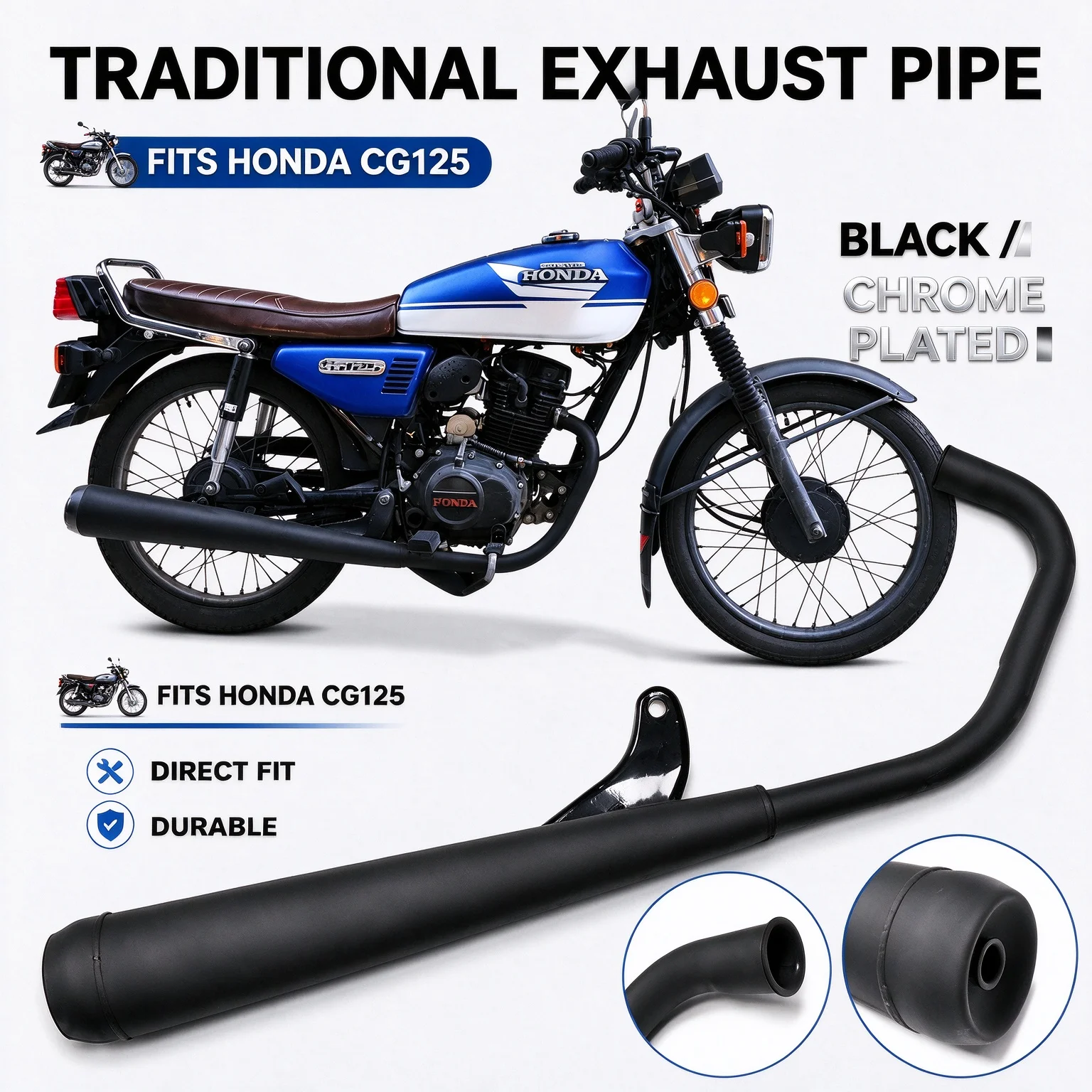 Complete Motorcycle Exhaust Pipe For CG125 Retro Muffler Chrome Plated & Matte Black Two Color Full Exhaust Assembly