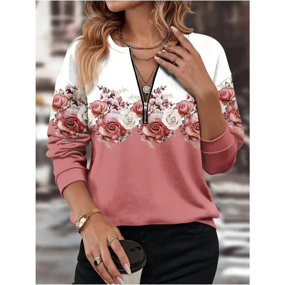 

Plus Size Women Fashion Pullover Top Women's Floral Print Zippered Casual Sports Pullover Top