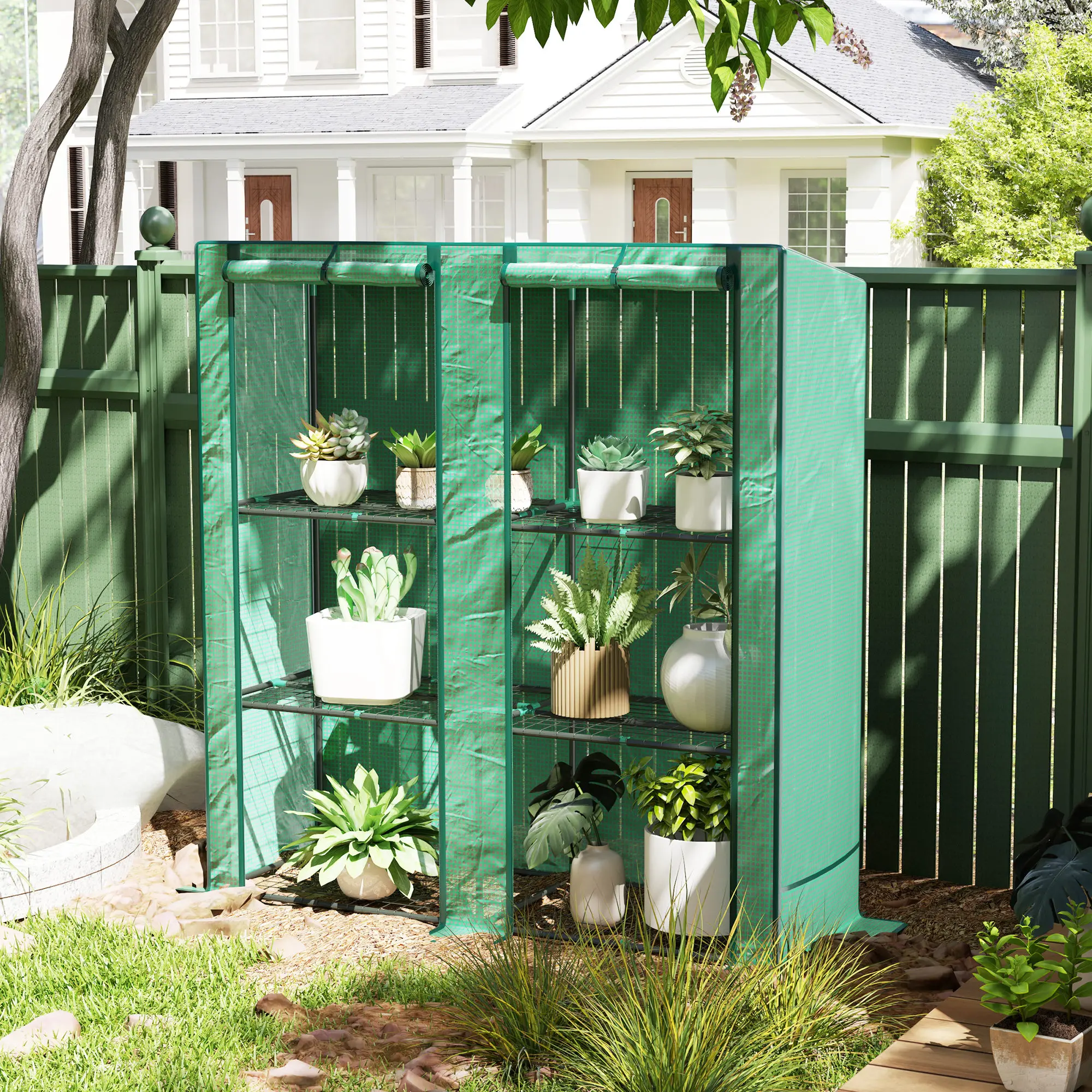 

Lean To Greenhouse Portable 3 Tier Shelves PE Cover 2 Roll Up Zippered Doors Weighted Sand Bags 56.7x18.9x59.8 Inch Green