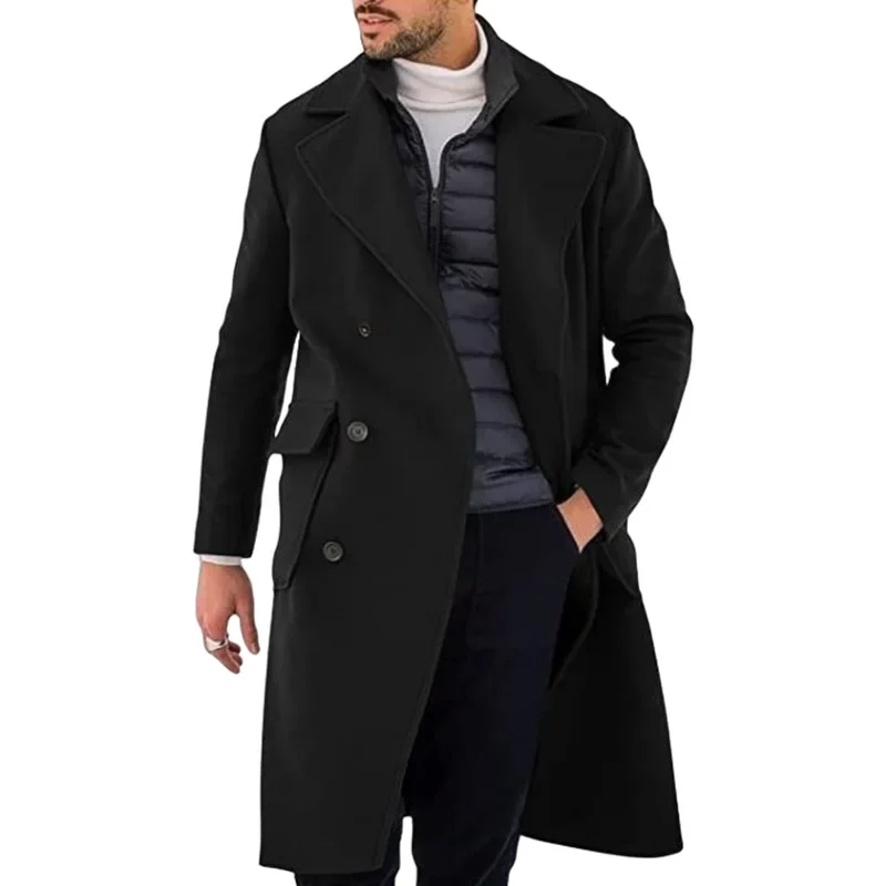 Men\'s Loose Cardigan Double Breasted Large Coat Autumn Winter New Woolen Coat Men\'s Vintage Long Sleeve Lapel Pocket Woolen Coat