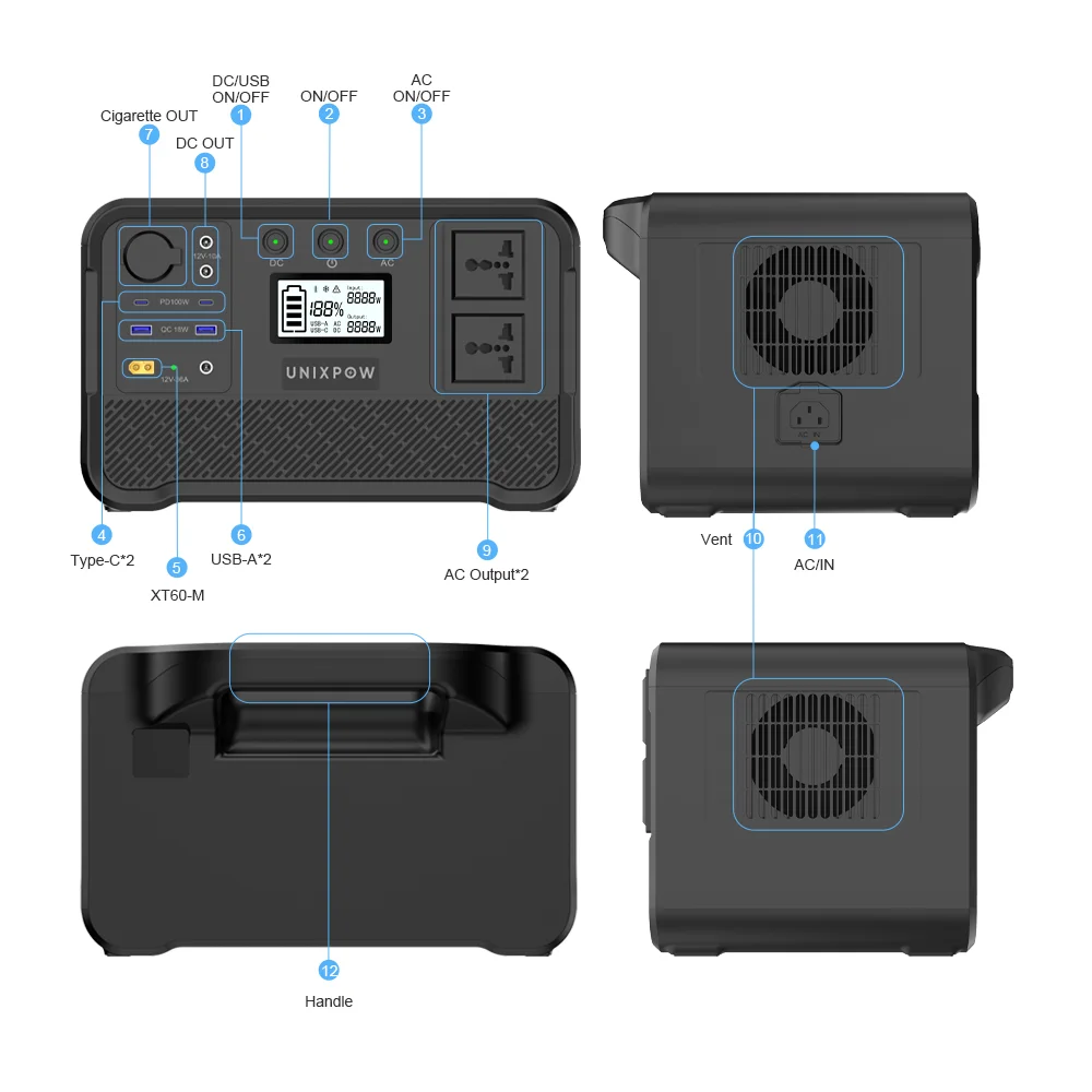 Outdoor Fast Charging 960WH LiFePO4 Solar Panel Compatible 1200W Pure Sine Wave /PSE/CE/FCC Certified Portable Power Station