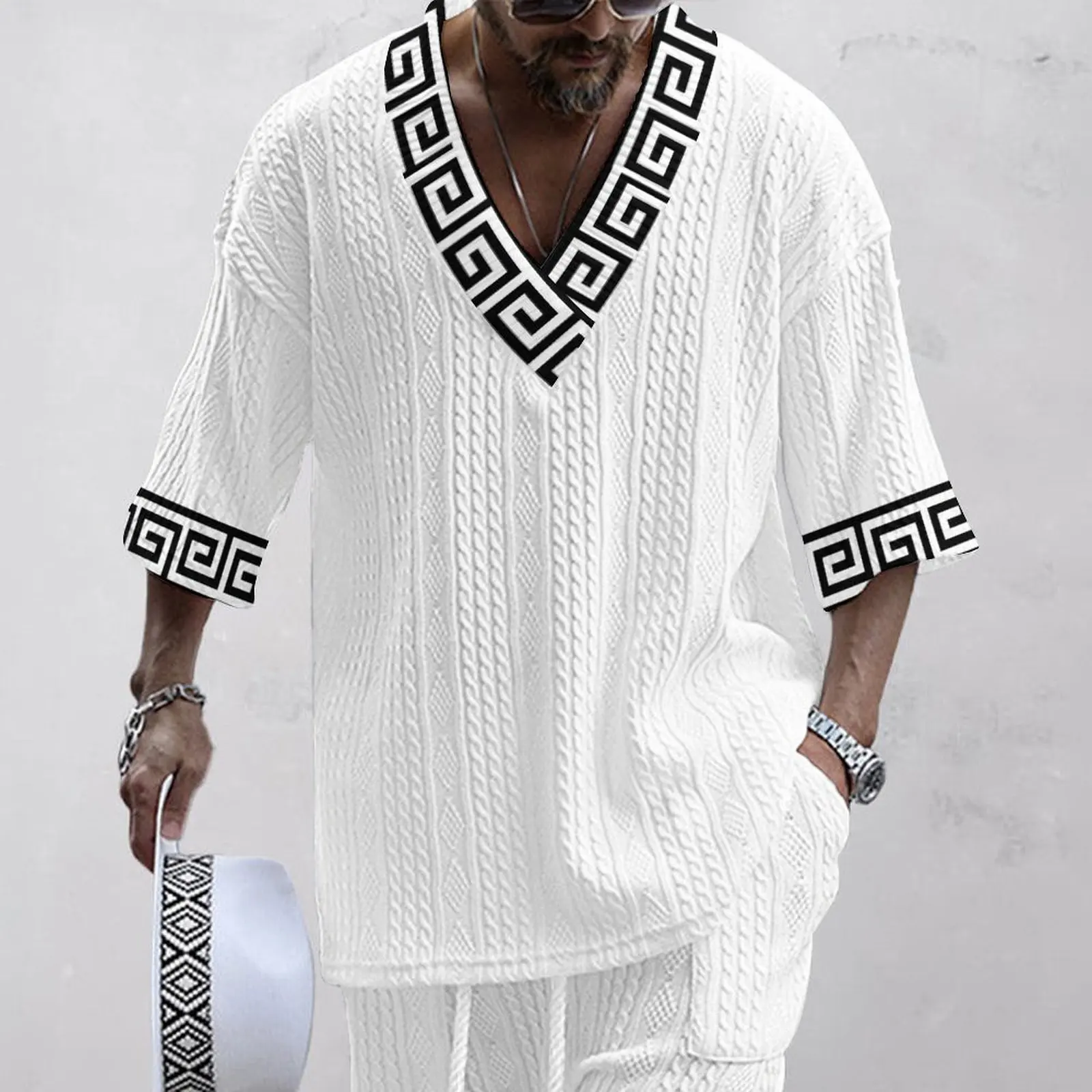 2024 new trendy American leisure daily versatile V -neck comfortable pound 3D printing unique print two -piece men\'s set