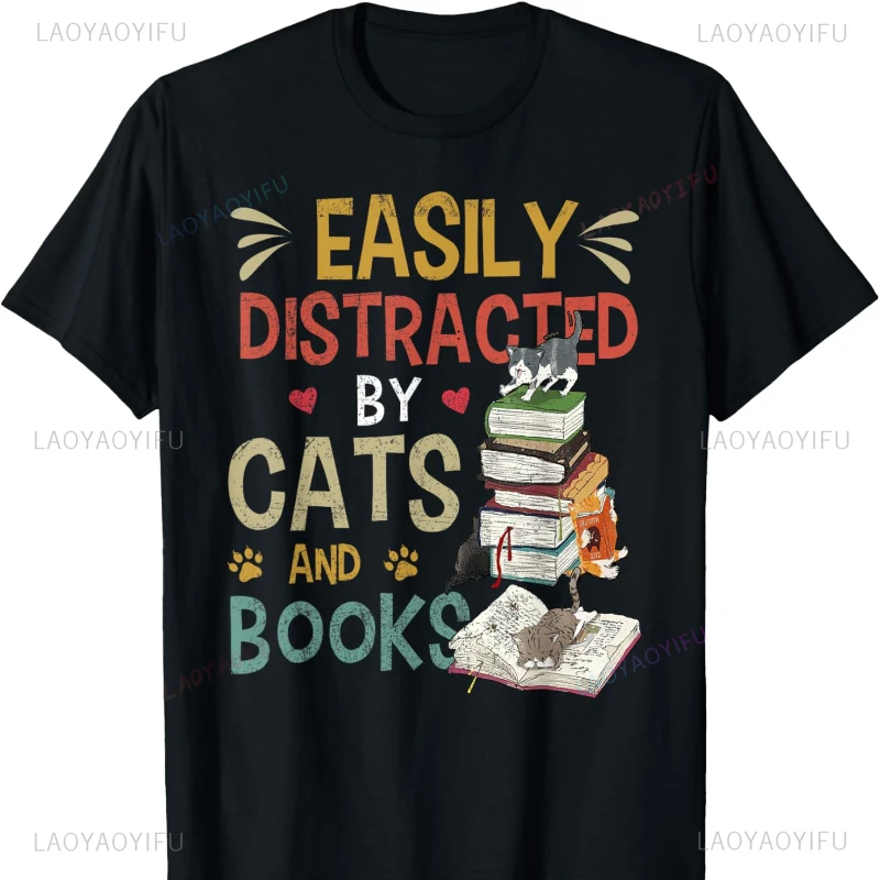 Easily Distracted By Cats & Books Cat & Book Lover T-Shirt Pro Choice Harajuku Graphic T Shirts Y2k Top Vintage T Shirts Tops