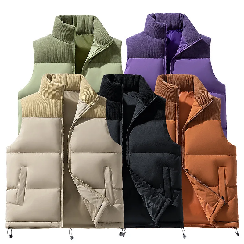 Winter Men Zip Up Sleeveless Jacket Thickened Casual Cargo Splicing Design Warm Vest Windproof Cotton-padded Stand Collar Vests