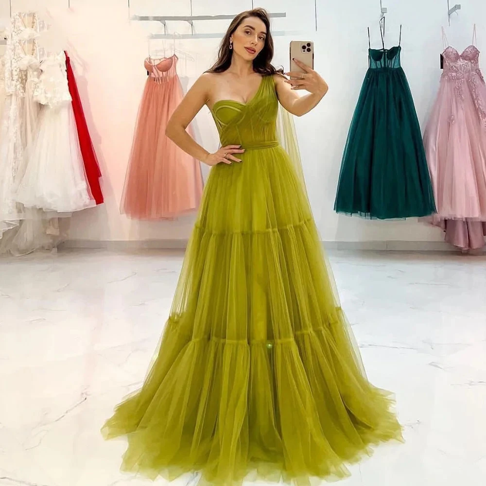 Customized Fashion Matcha Green A-line Prom Dress Exquisite One-Shoulder Sexy Sleeveless Multilayer Formal Evening Dress