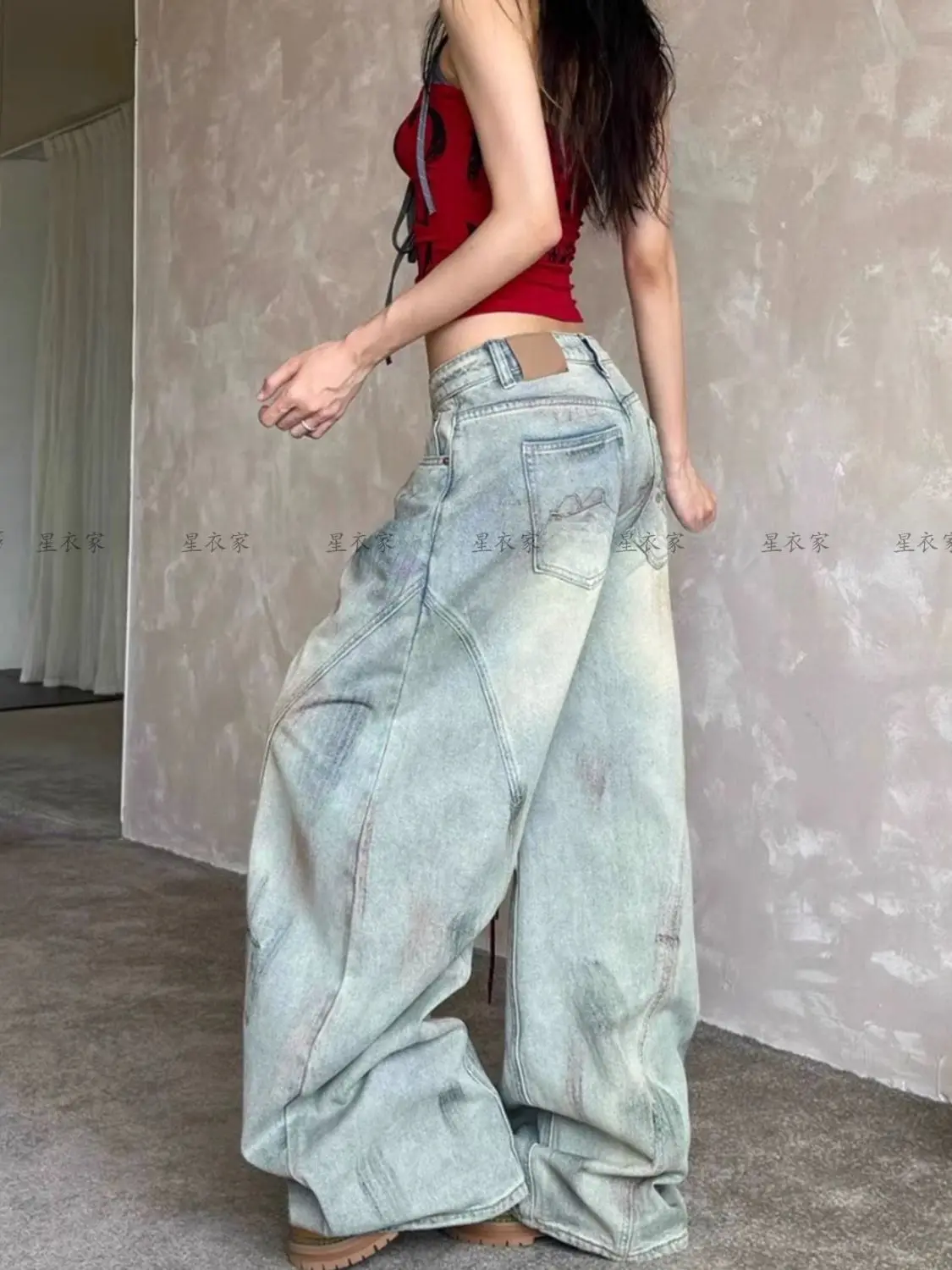 Damskie jeansy vintage w kolorze jasnoniebieskim Y2k, luźne, Harajuku, estetyka japońska, szerokie nogawki, spodnie dżinsowe, spodnie cargo, ubrania trashowe.
