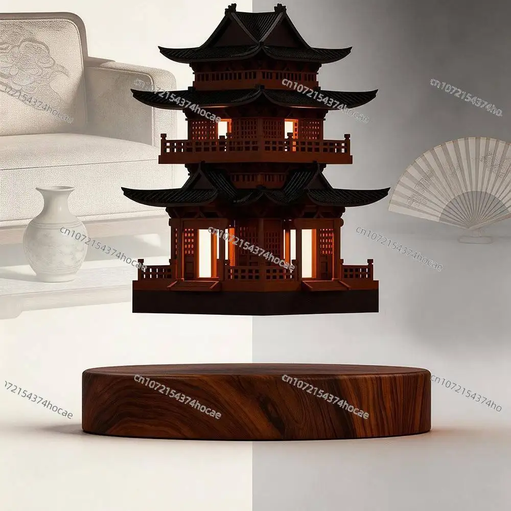 Magnetic Levitation Rotating Ornament Retro Ancient Pavilion Home Table Decor