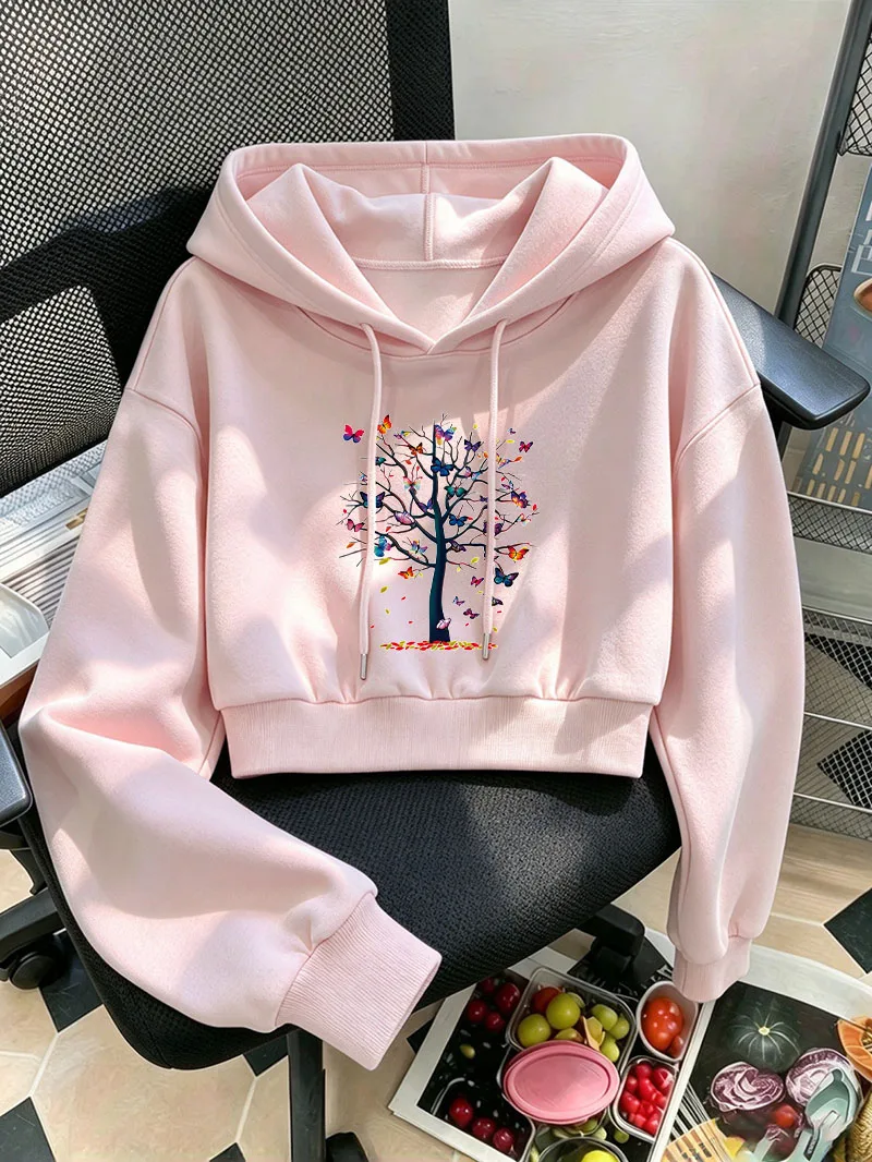 Y2k Gothic Butterfly Tree Print Cropped Sweatshirt Women Crop Top Hoodie Casual Clothes Pullover Sweatshirts Girls