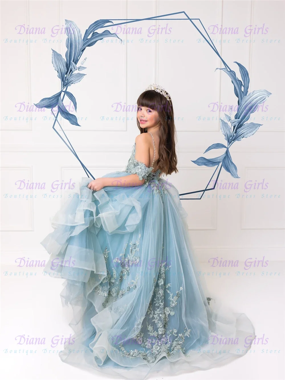 

Gorgeous Light Blue Flower Girl Dress Tulle Fluffy with Exquisite Applique for Kids Wedding Birthday Party Evening Ball Gowns