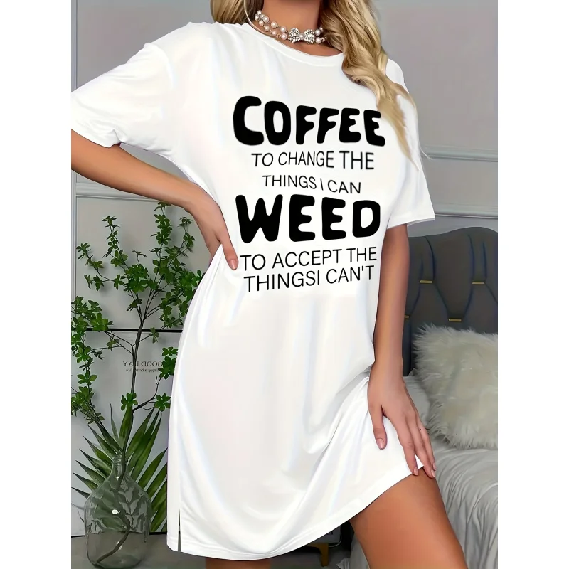 

Summer White Heart Printing Short Sleeve round Neck Nightdress - Soft，Micro-Elastic，Machine Wash，Leisure，Comfortable Women's Hom