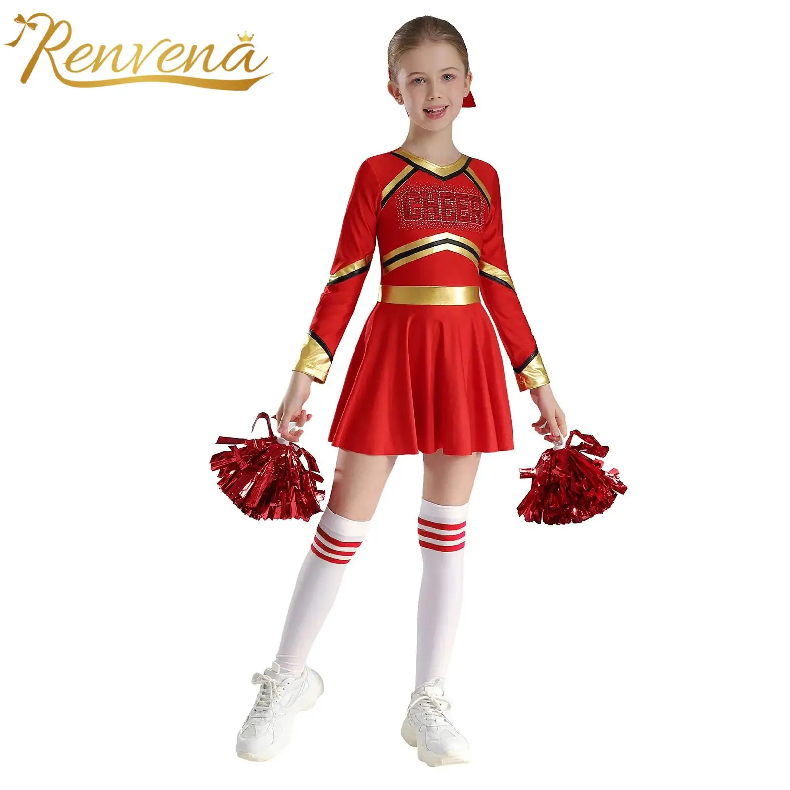 

Kids Girls Cheer Dance Outfit Teens Cheerleader Costume Cheerleading Uniforms Children Metallic Patchwork Dress Flowers Sets