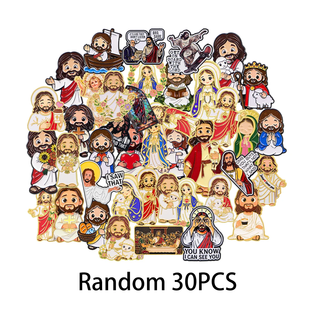 Random 30PCS Cartoon Jesus Enamel Pins Funny Brooch Cute Virgin Mary Lapel Badge Backpack Jacket Decor Gift
