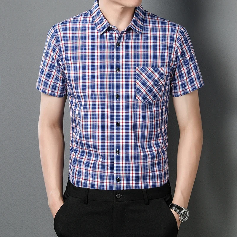 

Новая мужская повседневная клетчатая рубашка с короткими рукавами и лацканами для лета, модный комфортный топ без глажки, устойчивый к морщинам