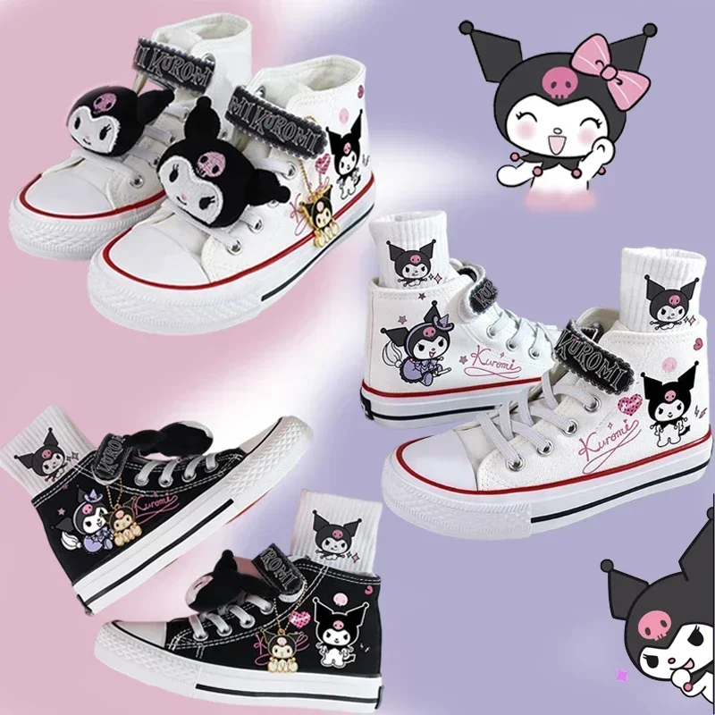 

Kawaii Sanrio Kuromi Girls Canvas Shoes New Cartoon Velcro Sneakers Anime High Top Casual Flat Shoes Free Sock Doll Buckle