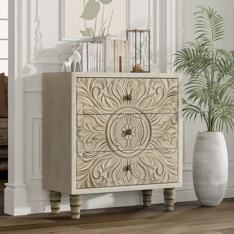 Cômoda compacta de três gavetas, caixa decorativa esculpida à mão em madeira com flores, passagem de entrada do quarto, armário da sala de estar
