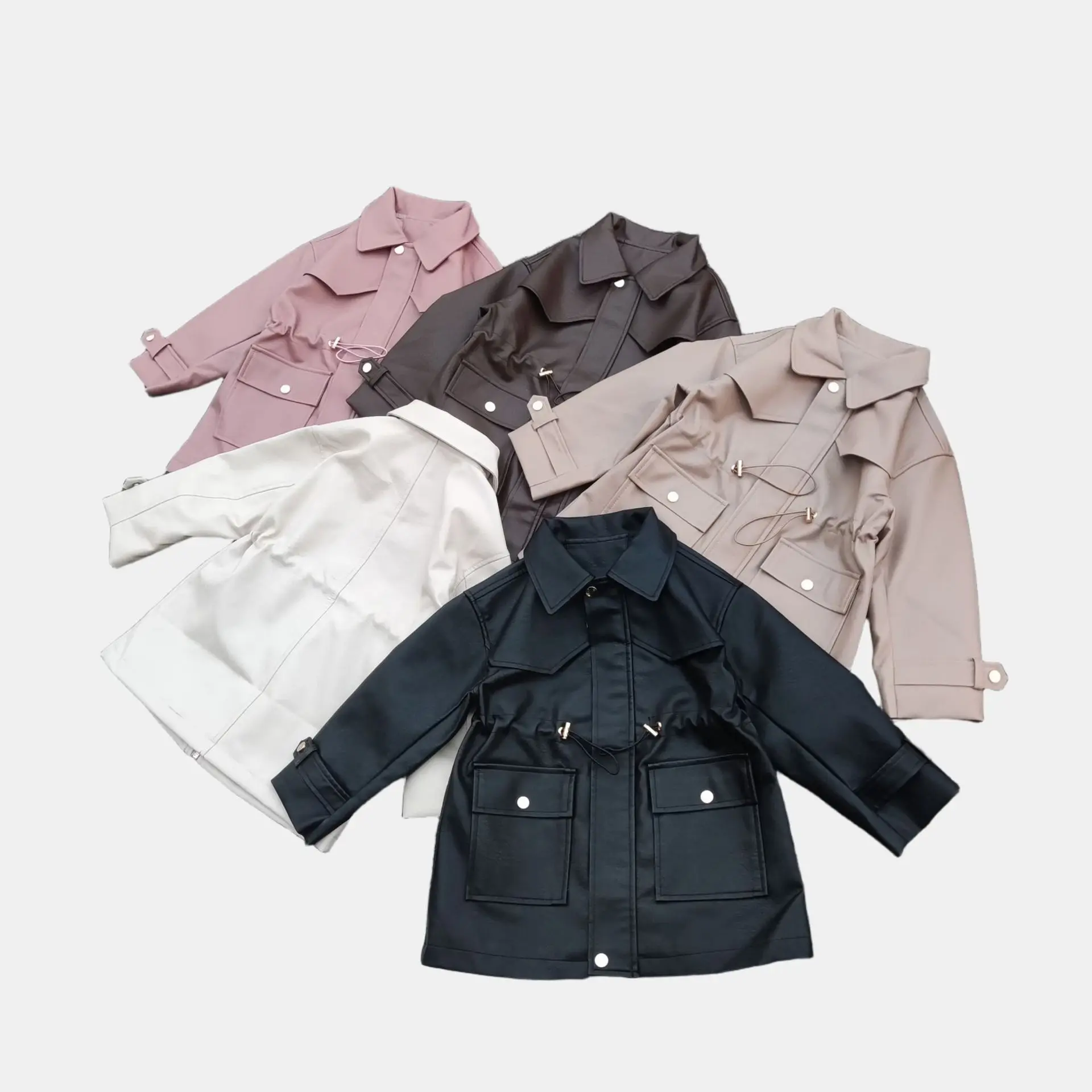 Girls' New Spring/autumn PU Leather Jacket Loose-fitting Biker Style Trench Coat, Mid-length Outerwear