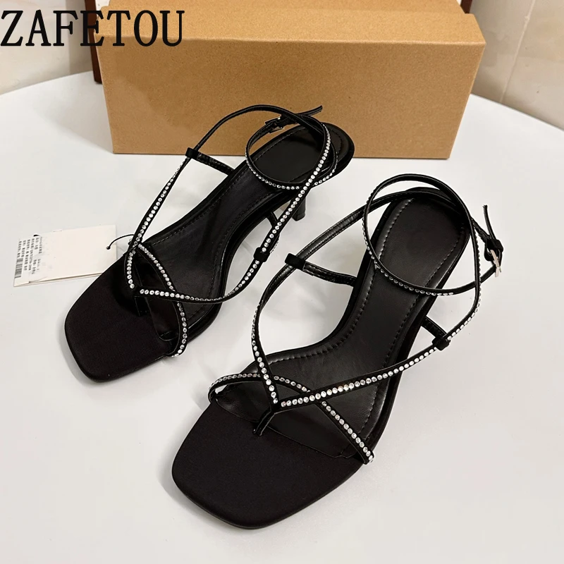 Zafetou Women's Sandals 2024 Summer New Style Water diamond temperament elegant square toe with exposed toes heels Woman shoes