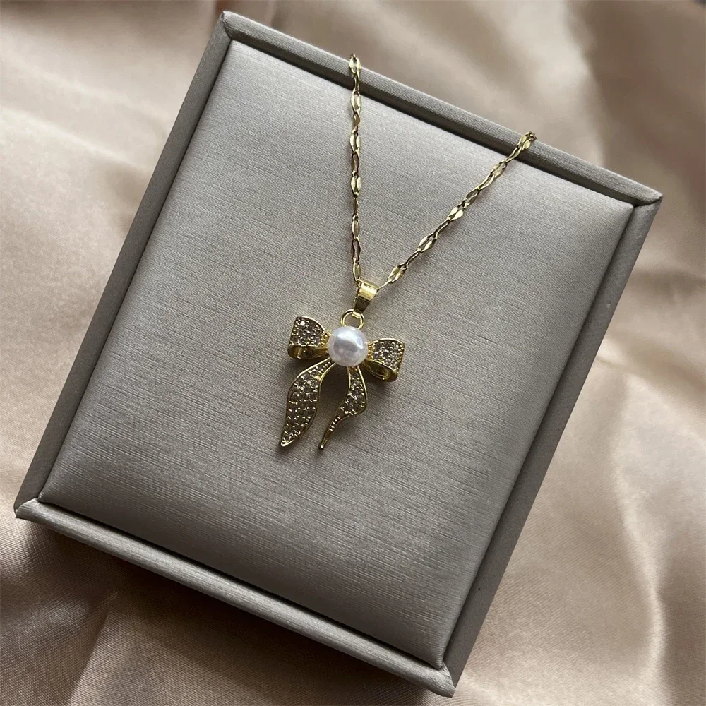 Gold Color Pearl Bowknot Clavicle Chain For Woman Simple Necklaces Cute Girl Temperament Birthday Party Trendy Jewelry Gifts
