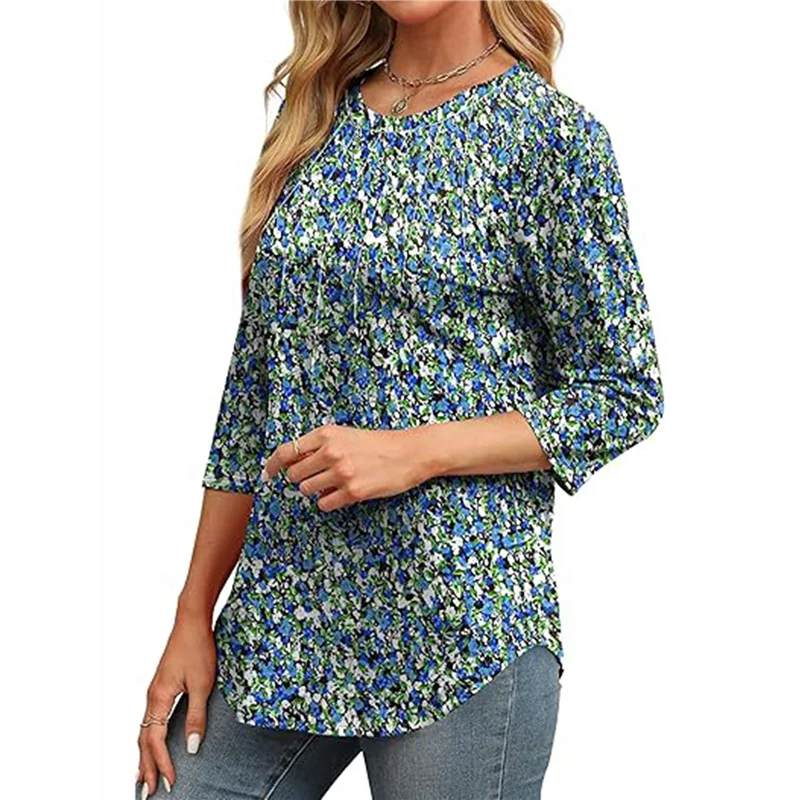 

ASDS-3/4 Length Sleeve Womens Tops Round Neck Casual Tunic Tops Basic Pleated Shirts Loose Fit 2025