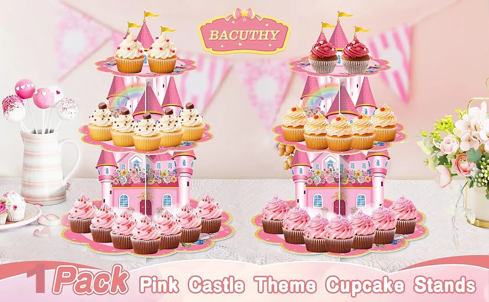Rosa Schloss Prinzessin Geburtstag Party Cupcake-Ständer Dekorationen Cupcake-Halter für Mädchen Kinder Babyparty - Partyzubehör – Detail 1