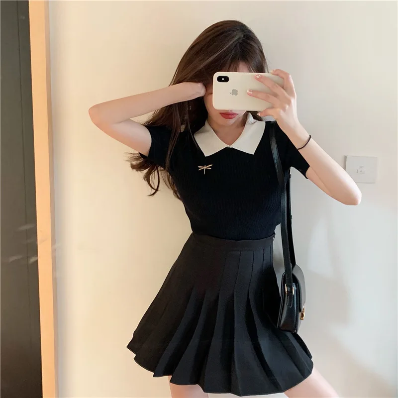 Summer Korean Version Of Women's Clothing POLO Embroidery Slim-fit Black Knitted Short-sleeved T-shirt Top Women