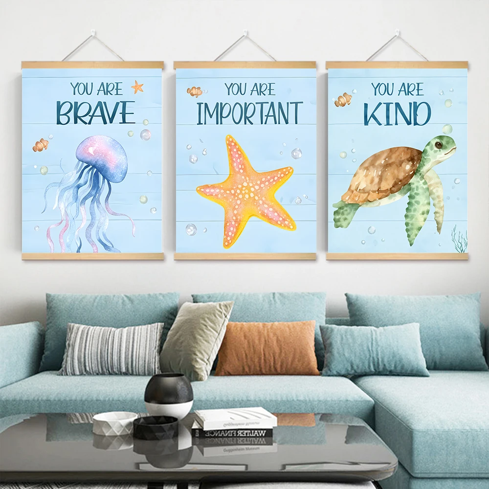 Inspirational Ocean Life Wall Art Posters Marine Animal Solid Wood Motivational Quotes for Classroom,Educational Sea Life Chart