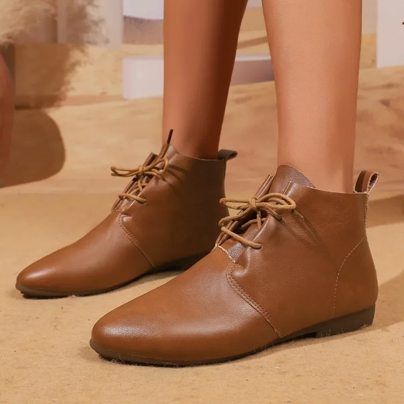 

Pointed Toe Lace Up/on Low-heel Women's Boots Shoes for Women 2025 High Quality PU Solid Retro Versatile Commute Short Boots