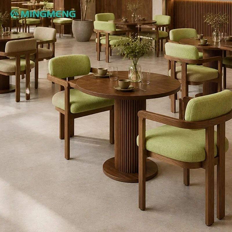 Solid Wood  Dining Table With Vertical Fluted Base Fabric Upholstered Armrest Dining Chairs
