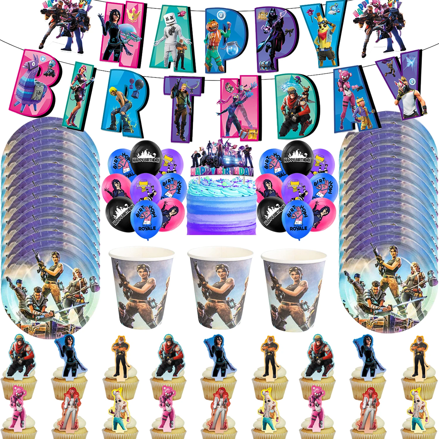 Interesante juego de disparos con temática de Fortnite, suministros de decoración para fiesta de cumpleaños, plato para tazas, globos, adorno para pastel, pancarta, accesorios, regalo para niños
