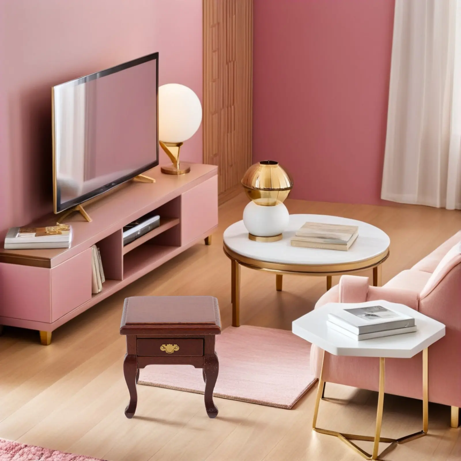 Wooden 1:12 Miniature Dollhouse Nightstand Bedside Table Bedroom Storage Cabinet Retro Style Mini Cabinet Decorative Furniture