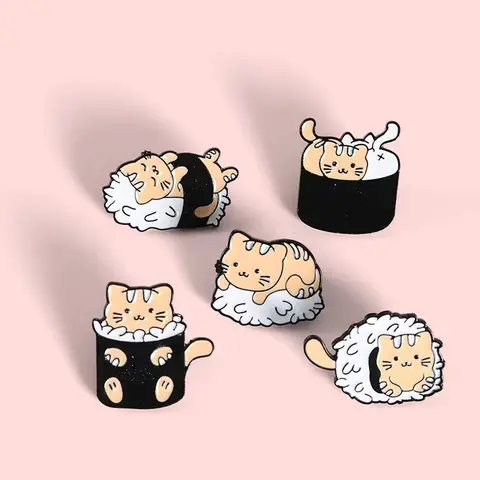 고양이 초밥 쌀 공 에나멜 핀 사용자 정의 귀여운 동물 일본 음식 브로치 옷깃 배지 친구를위한 만화 보석 선물 도매