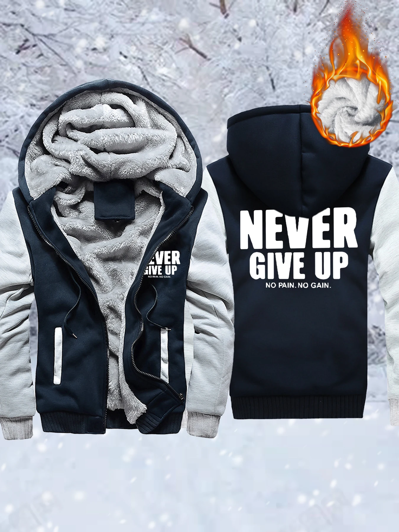 

Never Give Up No Pain No Gain Мужские флисовые удобные куртки с карманами Утолщенная толстовка с капюшоном Зимняя верхняя одежда на молнии Теплое базовое пальто