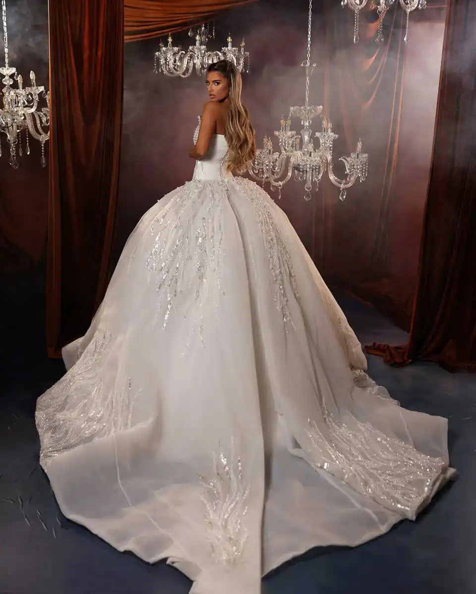 Luxuoso vestido de casamento sem alças vestido de baile elegante lantejoulas renda vestido de noiva personalizado sem mangas vestidos de novia