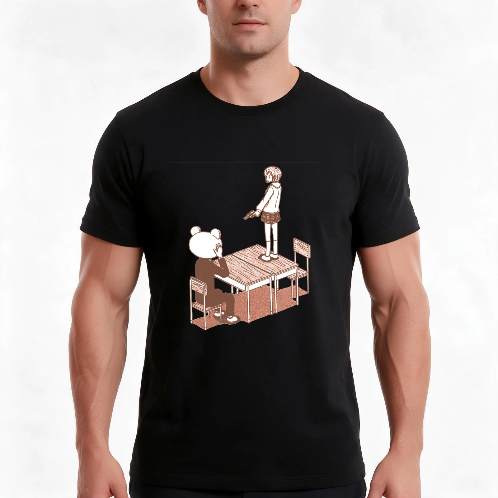Nichijou - Tachibana Aiming Revolver at Sasahara While Standing on Desk T-Shirt Summer Casual Cotton Tee Vintage Graphic Print