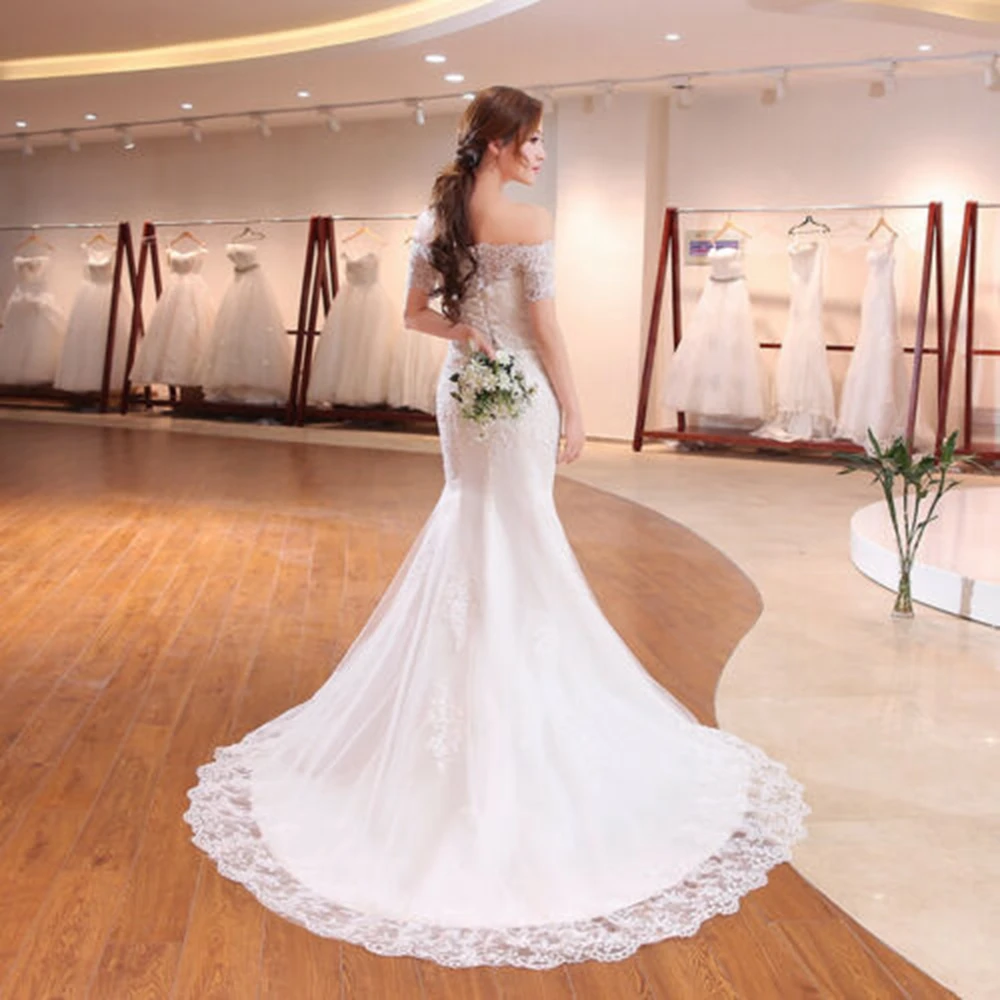 Lace Wedding Dress Boat Neck Appliques Beading Mermaid Bridal Dresses Lace Wedding Gown with Short Sleeves customized