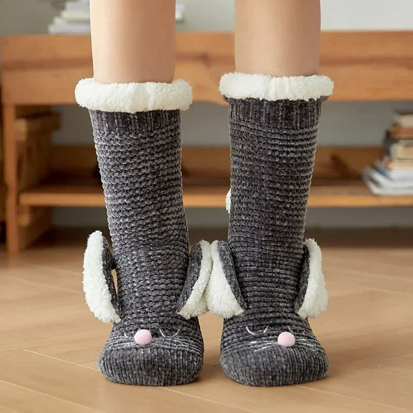 Grip Thermal Socks Fuzzy Women Winter Warm Plush Non Slip Soft Female Rabbit Ear 3D Kawaii Funny Fluffy Floor Slippers Sock