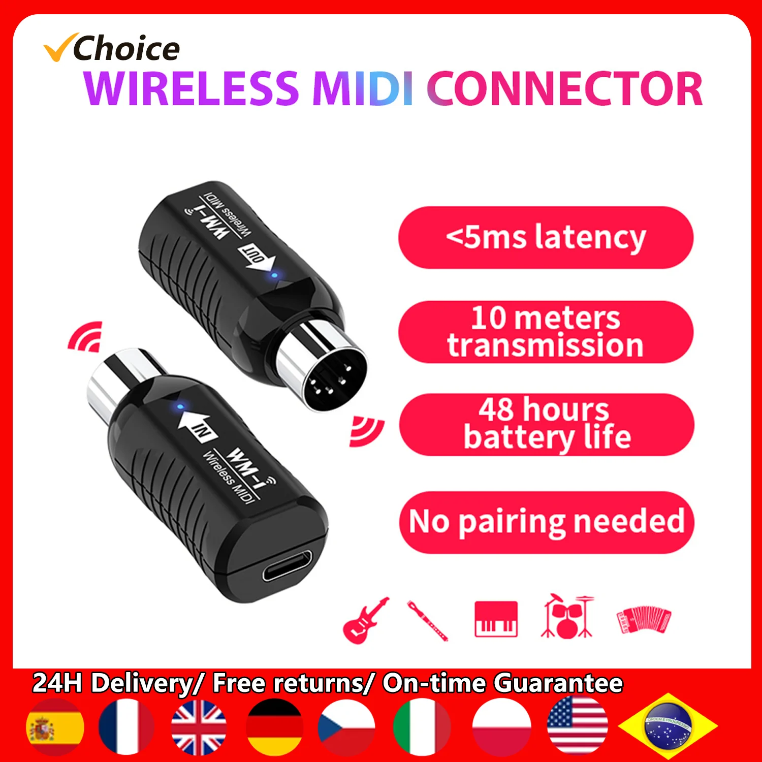 2.4GHz Wireless MIDI Adapter Rechargeable Audio Transmitter Receiver Ultra-Low Latency Built-in Silent Portable MIDI Connector