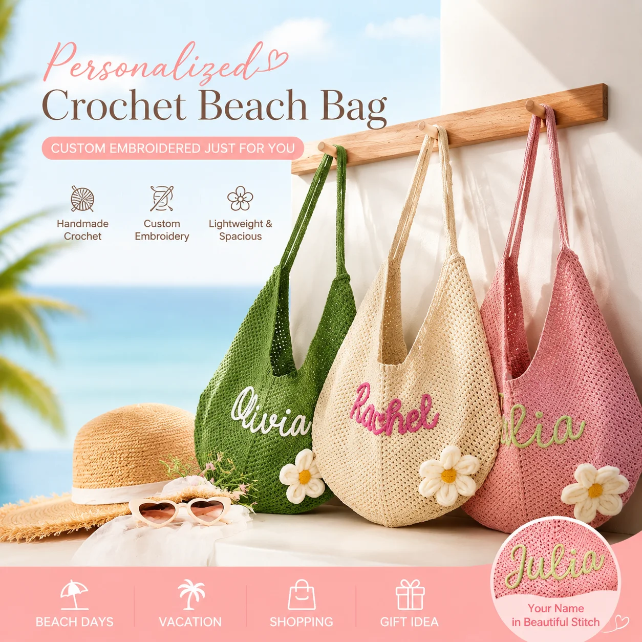 Summer Boho Embroidered Crochet Beach Bag Women Floral Knitted Tote Bag Handmade Woven Shoulder Bag Vacation Handbag