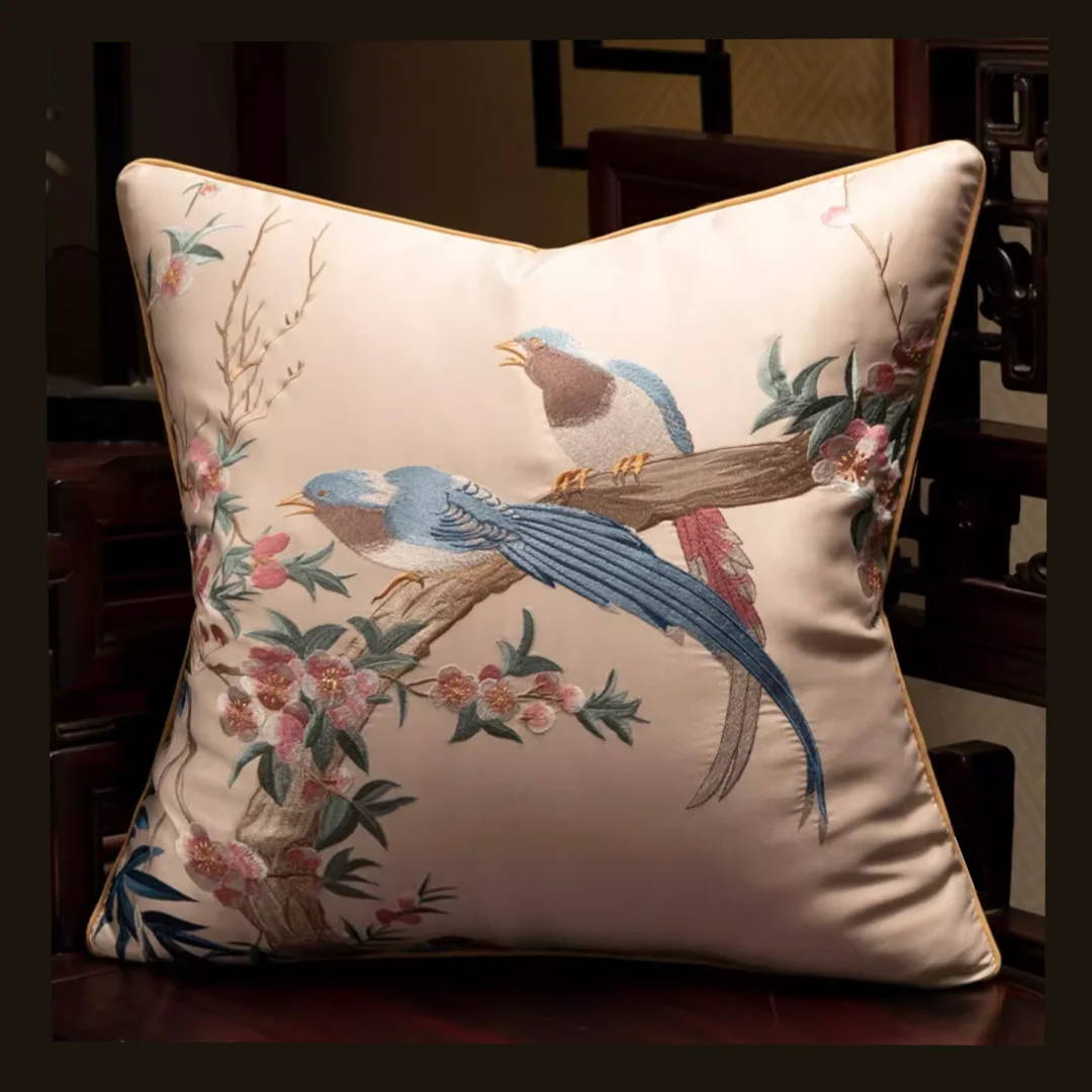 Luxurious Embroidered Silk-like Cuckoo Square Home Sofa Decorative Pillow Case 4 Colors No Insert 18x18