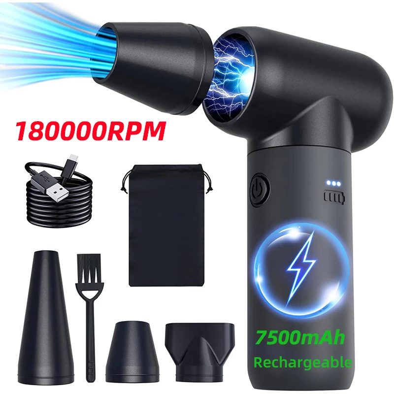 180000 RPM Jet Turo Blower 3 Speed 7500mAh Rechargable Battery Turofan Air Duster for Car Camping Computer Cleaning Blowing Snow